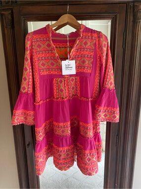Lace the Label - Fuschia Embroidered Boho mini dress with Orange Accents